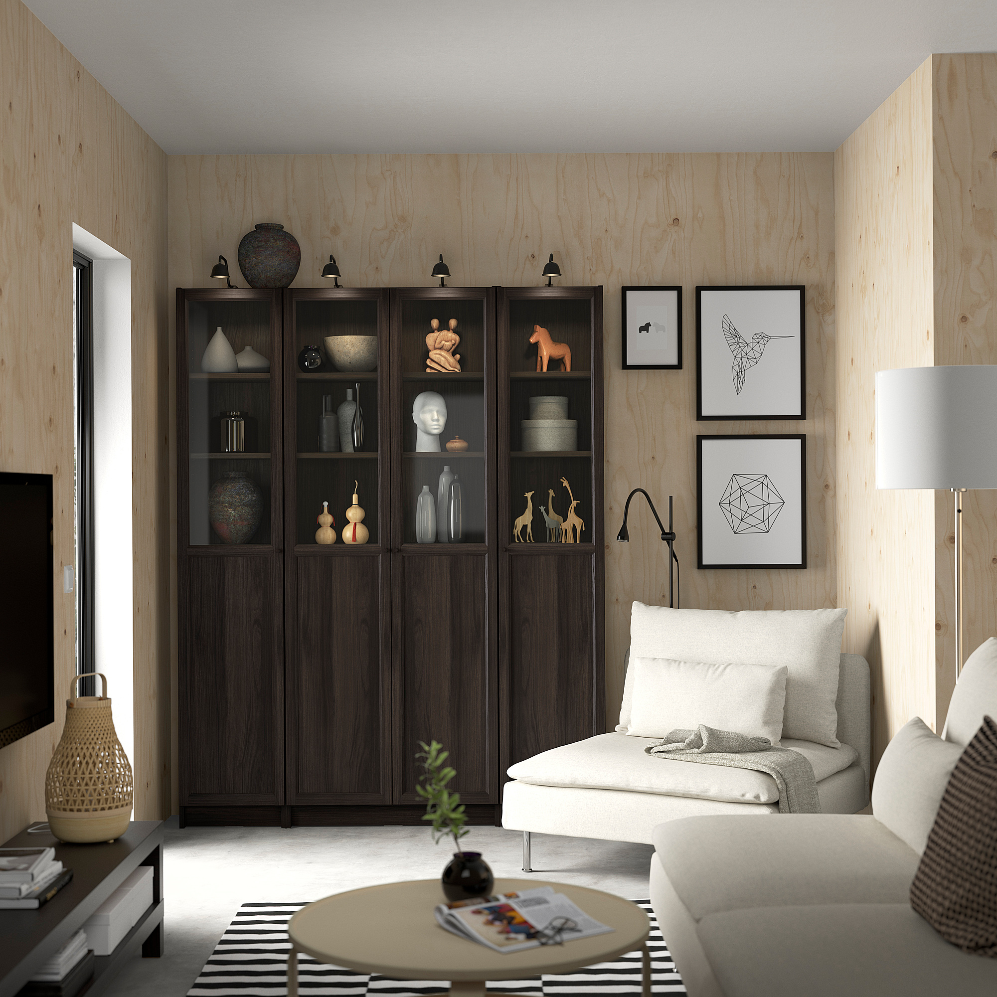 BILLY / OXBERG Bookcase comb w panel/glass doors