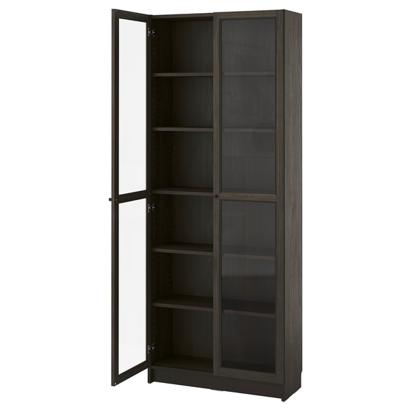 BILLY / OXBERG Bookcase w glass doors, dark brown oak effect, 80x30x202 cm