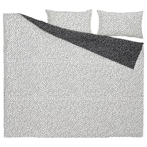 BJÖRKGRÅMAL bedding set: dotted white/black, soft cotton-blend, rectangular with 3 pillows.