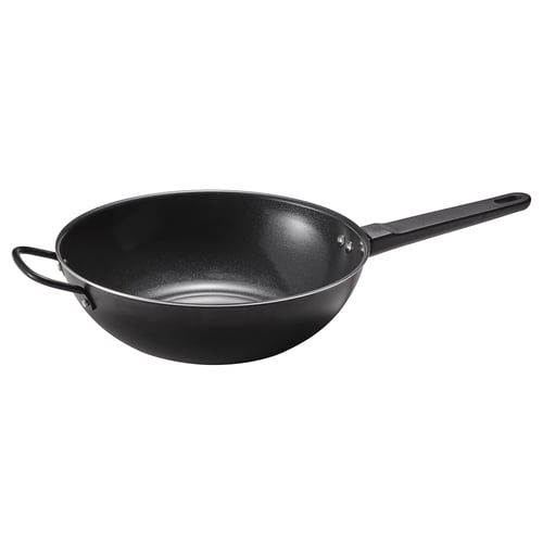 Black wok with two handles and non-stick coating; ideal for stir-frying.