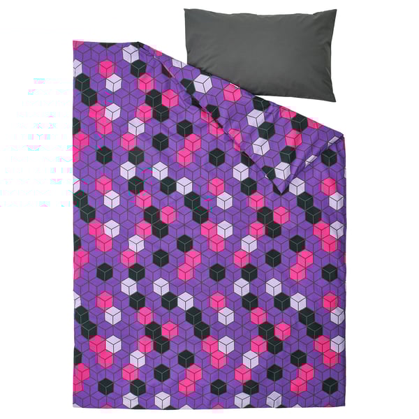 BLÅSKATA Duvet cover and pillowcase(s), purple/black patterned, 150x200/50x80 cm