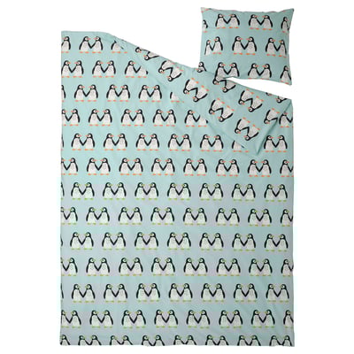 BLÅVINGAD Duvet cover and pillowcase(s), penguin pattern/light turquoise, 150x200/50x80 cm
