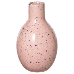 This image a pink vase named BLODBJÖRK, adorned with blue dots, made of stoneware, with a rounded shape and narrow neck.