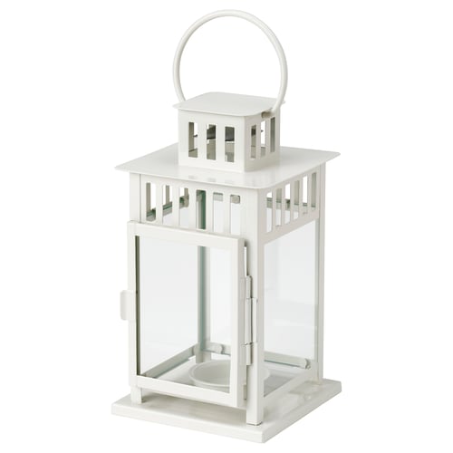 White BORRBY lantern, traditional design with glass panel and metal handle.