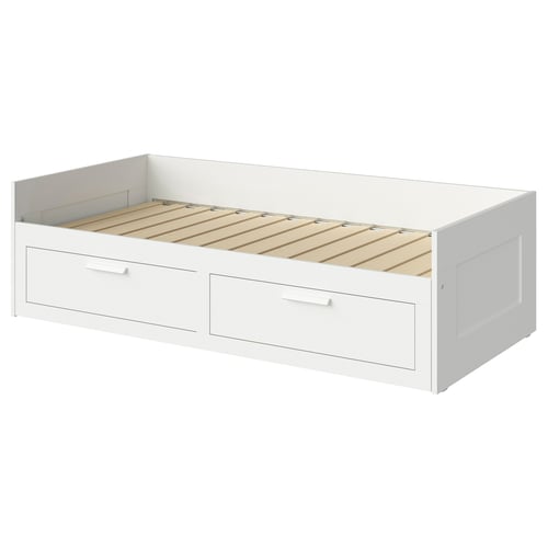 A white BRIMNES day-bed with two large drawers, featuring a simple and modern design. Ideal for small spaces, it converts into a single or double bed.