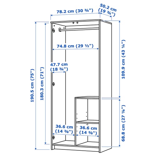 BRIMNES Wardrobe with 2 doors, white, 78x190 cm