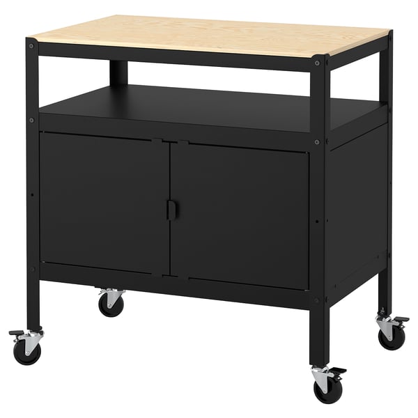 BROR Cart with closed storage, black/wood