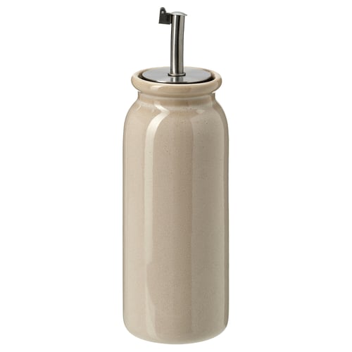 BRUGDHAJ, beige stoneware oil/vinegar dispenser, stainless steel lid, rustic glazed surface.