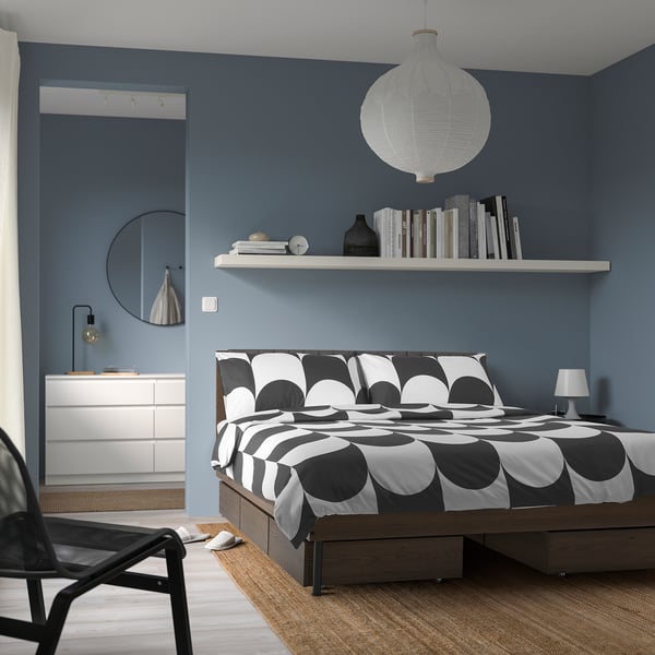 BRUKSVARA Bed frame with 3 storage boxes, brown, 150x200 cm