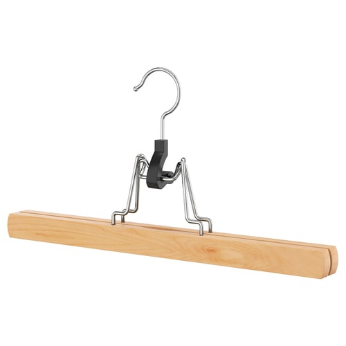 BUMERANG wooden pants hanger, chrome hook, black plastic clips, smooth light wooden bar.