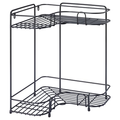 This image shows a black wire BUTORP corner shelf. It has an l-shape and two tiers, ideal for storage.