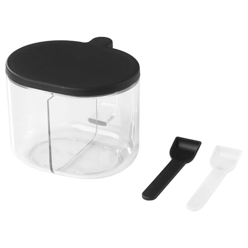 CELEBRERA clear plastic jar with black lid and spoons. Two compartments and easy-open lid.