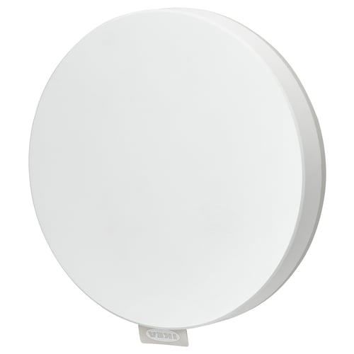 A white, circular ikea DIRIGERA smart home hub made of abs plastic.