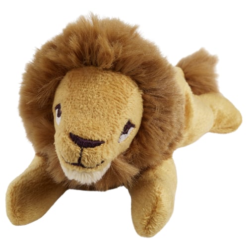 Soft yellow lion cuddly toy, lying, friendly face, made from recycled polyester.