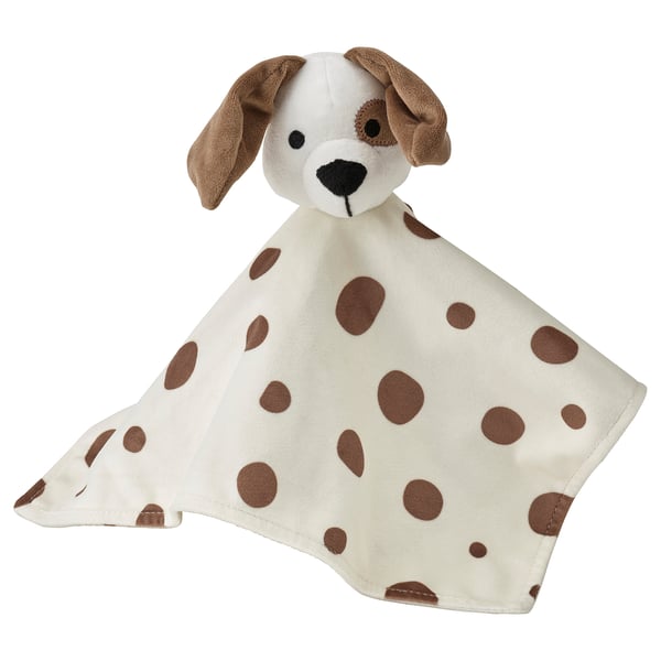 DRÖMSLOTT Snuggle blanket with soft toy, puppy-shaped white/brown, 30x30 cm