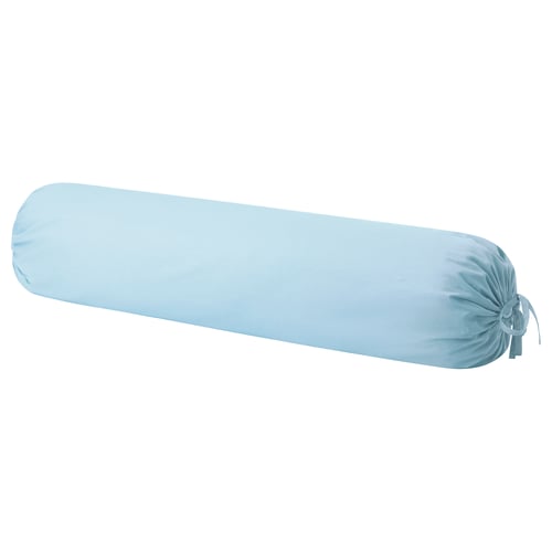 Light blue cylindrical bolster pillow with tied end, made of 100% cotton.