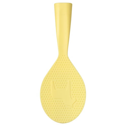 Yellow rice paddle with dotted texture and stand-up base.