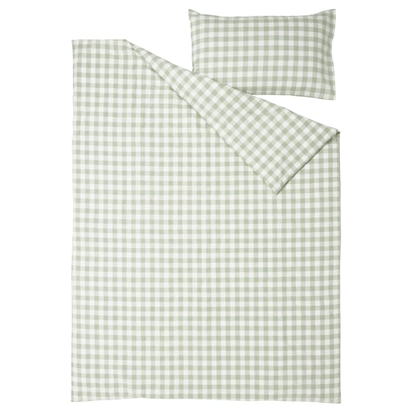 EKTANDVINGE Comforter cover and pillowcase, pale gray-green white/check, 150x200/50x80 cm