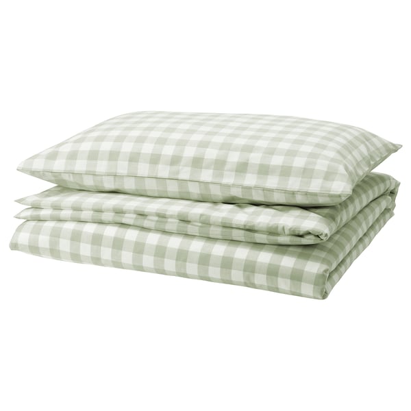 EKTANDVINGE Comforter cover and pillowcase, pale gray-green white/check, 150x200/50x80 cm
