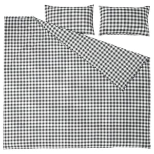 Black and white chequered bedding set with duvet and pillows, featuring a gingham pattern.