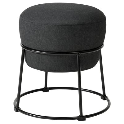 Black circular stools, EMMISLÖV, modern design, metal frame, dark grey fabric, 10-year guarantee.