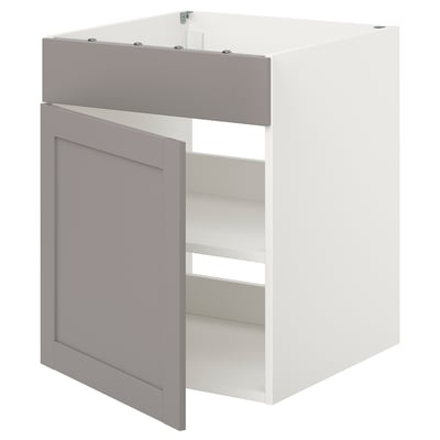 ENHET white & grey kitchen cabinet, modern, sleek design, one open shelf, white interior, grey framed door.
