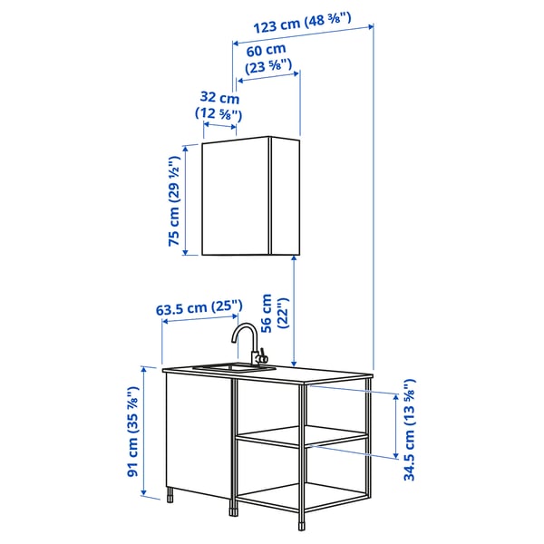 ENHET Kitchen, white, 123x63.5x222 cm