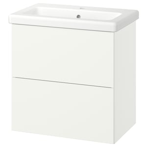 White ENHET bathroom vanity unit with two drawers and a ceramic sink.