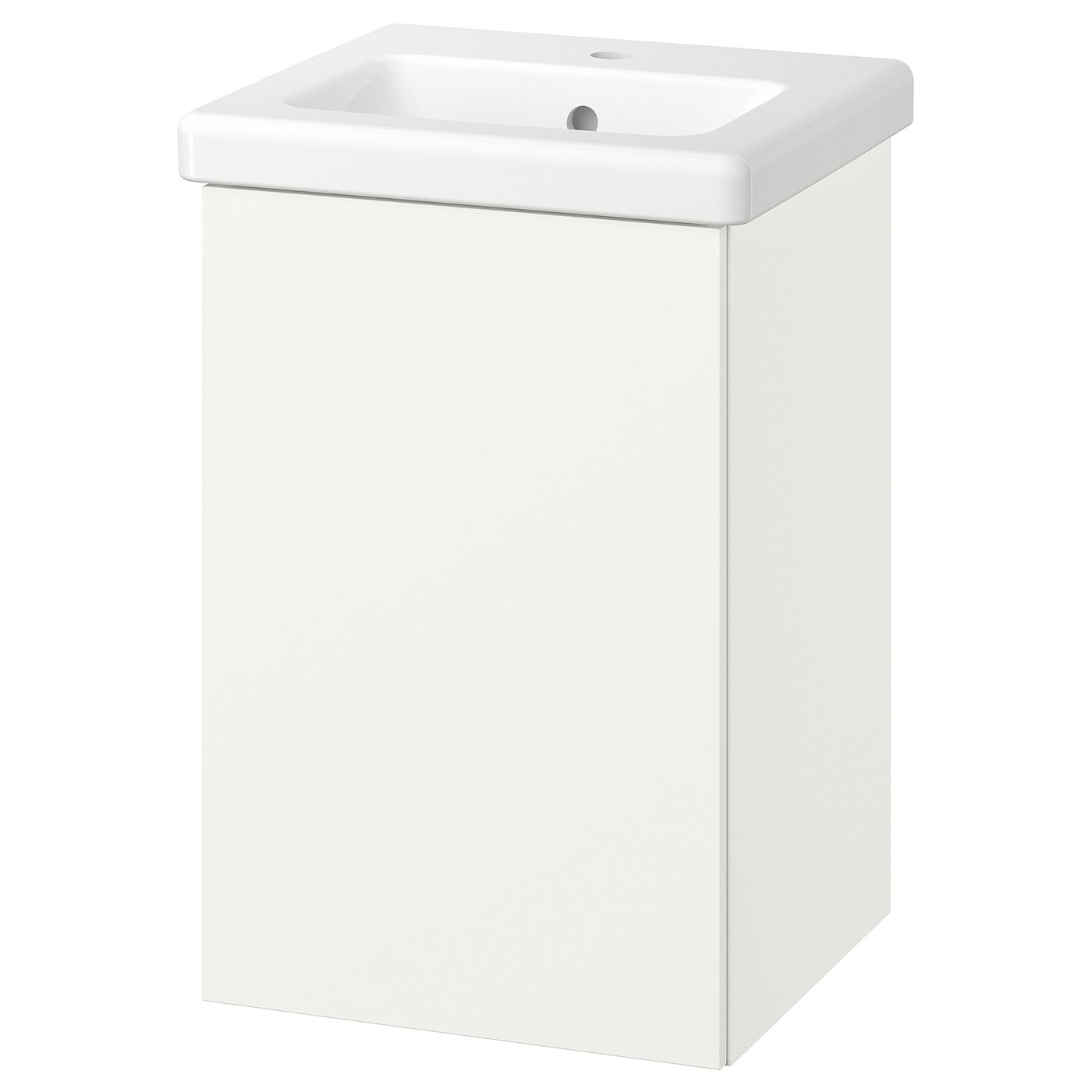 White ENHET bathroom cabinet with ceramic sink, single door, wall-mounted.
