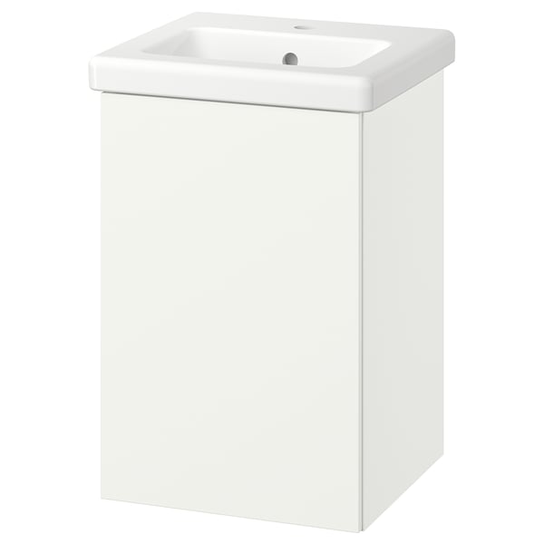 White ENHET bathroom cabinet with ceramic sink, single door, wall-mounted.