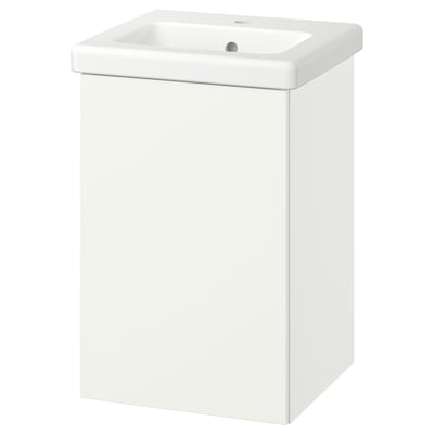 White ENHET bathroom cabinet with ceramic sink, single door, wall-mounted.