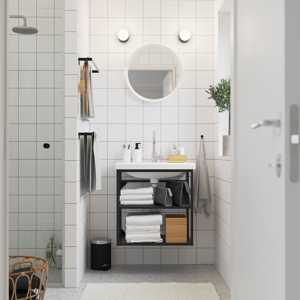 ENHET / TVÄLLEN Open sink cabinet with 2 shelves, anthracite, 64x43x65 cm