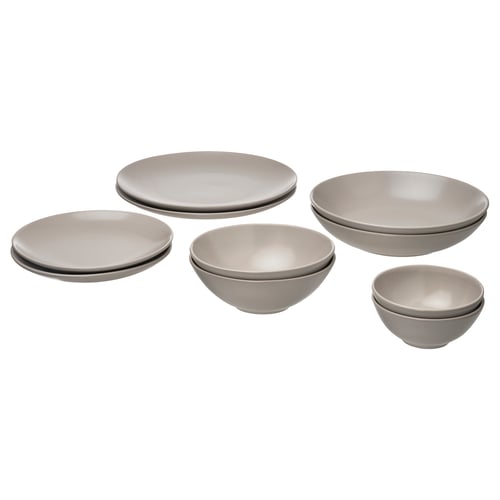 Taupe FÄRGKLAR dinnerware set: plates, bowls, stoneware with glaze.