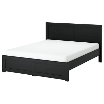 A modern black wooden bed, FÅGELFJÄLLET, with a sleek, rectangular headboard and footboard, offering a minimalist and elegant design.