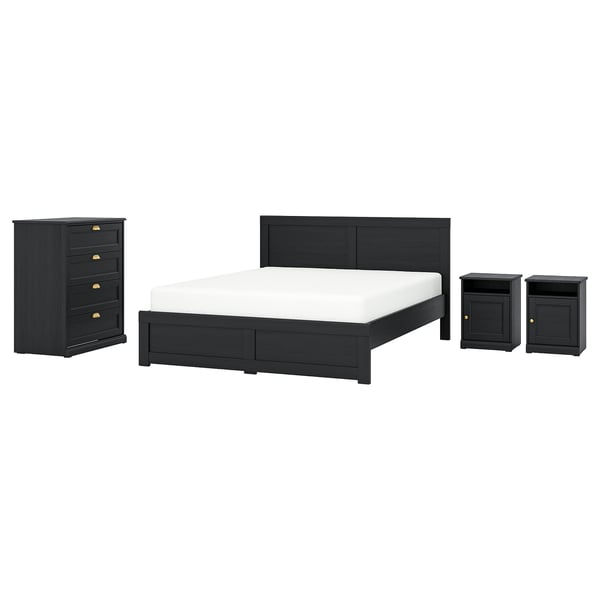 FÅGELFJÄLLET black bedroom set: sleek bed with headboard, two nightstands, and chest. Modern, dark wood style.
