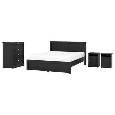 FÅGELFJÄLLET black bedroom set: sleek bed with headboard, two nightstands, and chest. Modern, dark wood style.