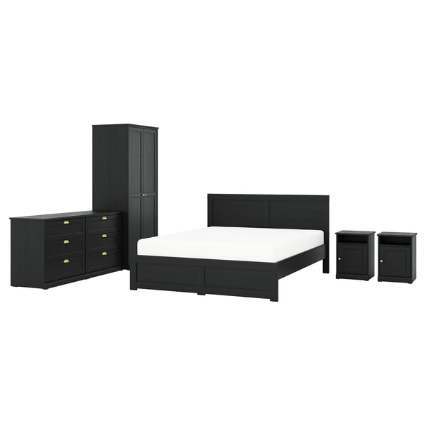 Black furniture set: bed, wardrobe, dresser, 2 nightstands with gold handles, sleek, modern design.