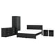 Black furniture set: bed, wardrobe, dresser, 2 nightstands with gold handles, sleek, modern design.