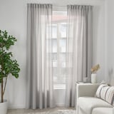 FJÄDERMOTT Curtains, 1 pair, white/gray/with heading tape, 145x250 cm