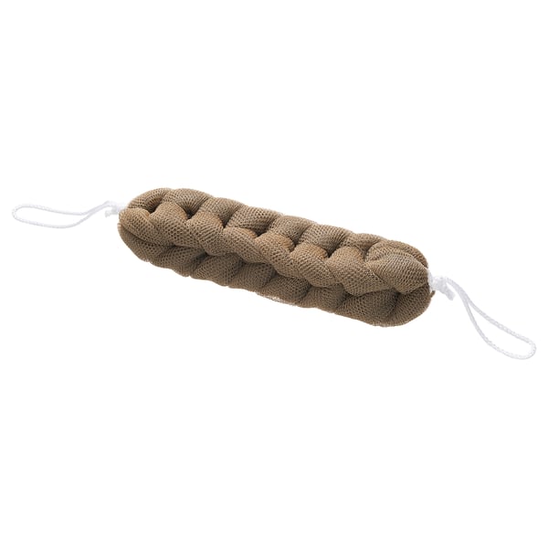 Brown mesh body scrubber with white strings on ends.