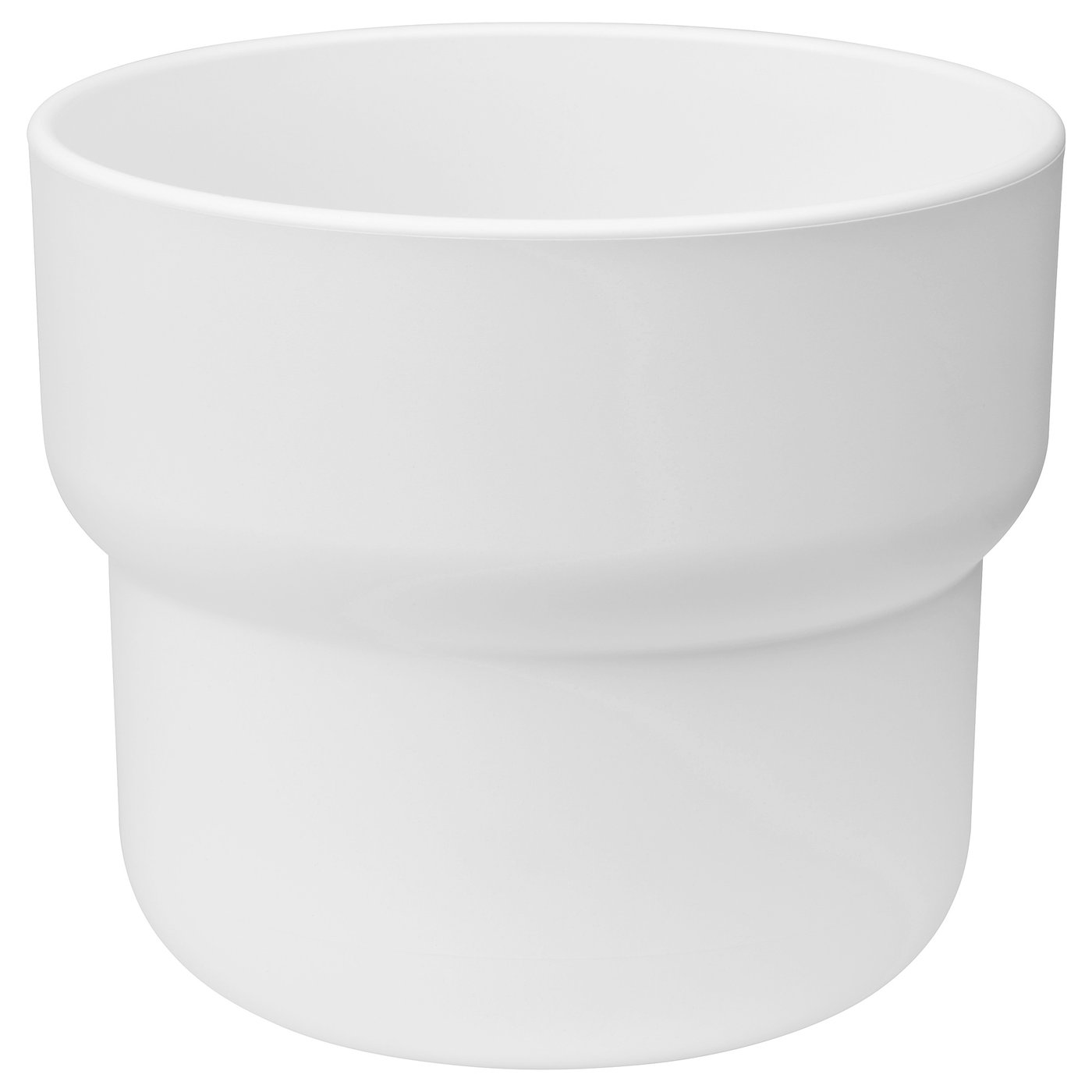 Round white plastic planter with smooth curves.