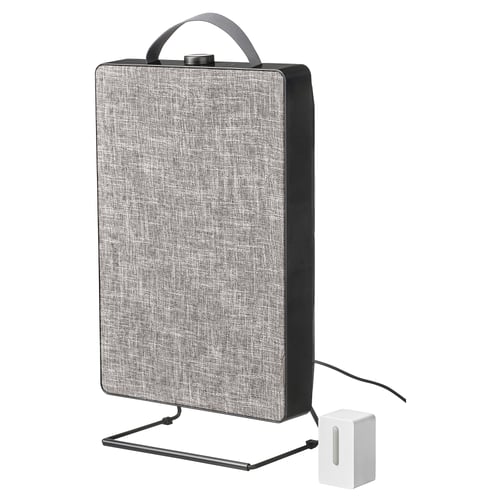 FÖRNUFTIG air purifier in grey, with fabric cover, stand, and wall mountable, plastic and steel body.