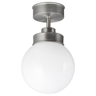 FRIHULT silver ceiling lamp, spherical white glass shade, modern vintage design.