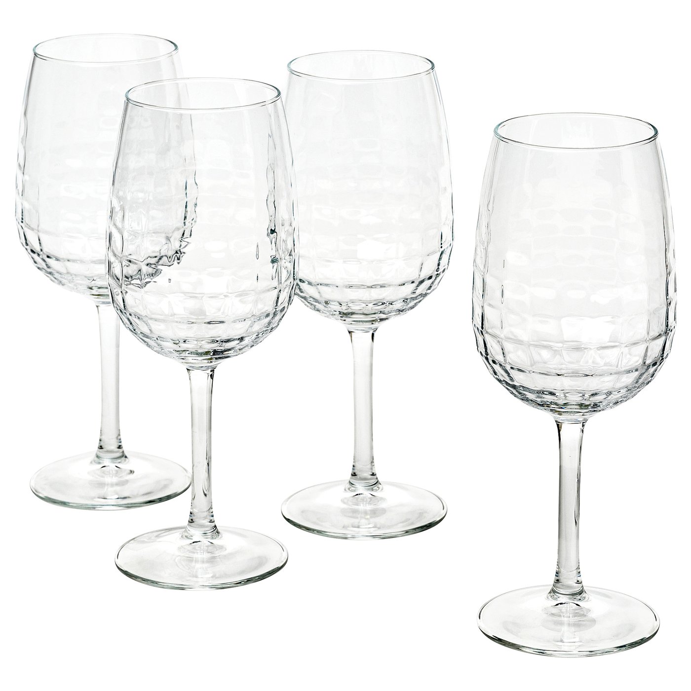Four clear, faceted wine glasses from the FRÖJDA collection, standing neatly, perfect for elegant occasions.