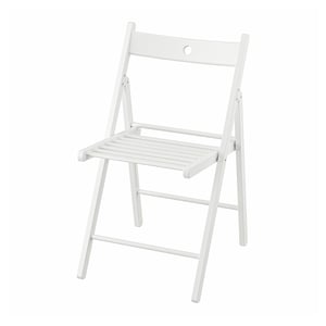 A white, foldable wooden chair, simply designed and suitable for extra seating or small spaces.