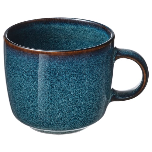 Ocean blue GLADELIG mug, stoneware with golden rim, round shape, textured glaze.