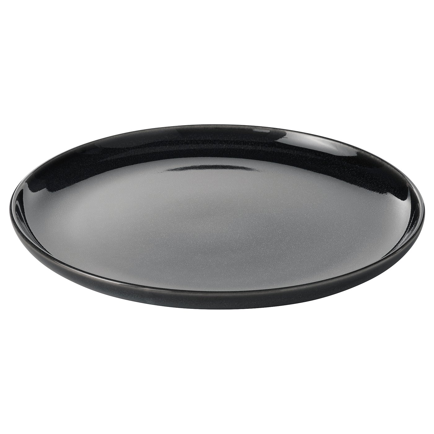 A single black GLADELIG plate made of stoneware with a glossy finish. It a round and sleek design, perfect for modern table settings.