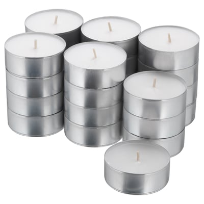 Pile of white candles in silver cups, stacked in groups, typically used for decoration and ambiance.