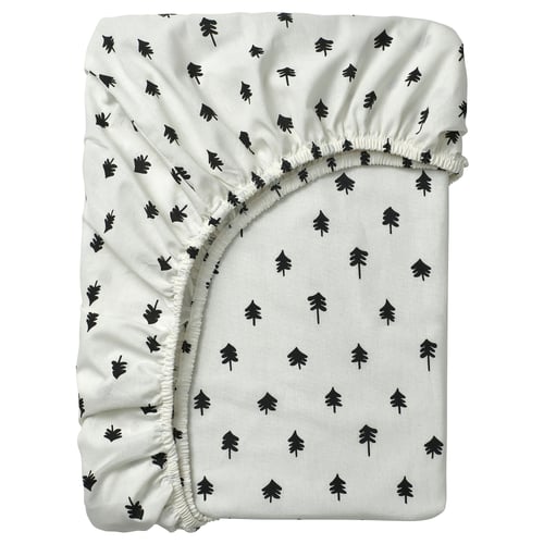 A white GRÖNFINK fitted sheet with black tree designs, made of cotton and viscose, featuring an elastic band for secure bedding.