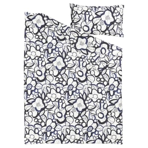 A black and white floral patterned bedding set with a pillowcase, made from recycled cotton and lyocell.